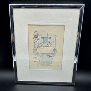 Vtg Framed Print Watercolor Boy Girl in Bathtub Thats The Difference Funny 1980s